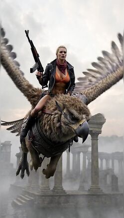 Warrior Woman Riding Giant Eagle Over Ruined City