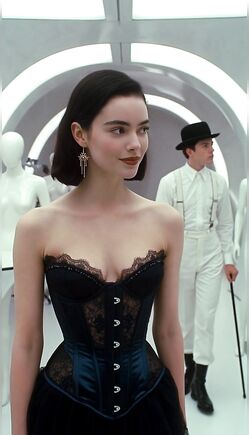 Elegant Woman in Black Corset Walking Futuristic White Hall