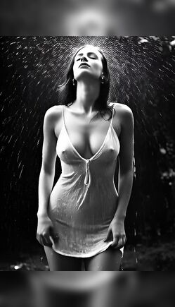 Elegant Woman in Wet Dress Standing in Rain