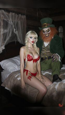 Blonde Woman in Red Lingerie with Creepy Leprechaun