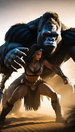 Warrior Woman Facing Giant Gorilla Beast in Desert