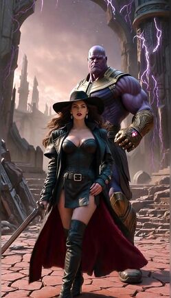 Dark Sorceress Walking with Giant Titan in Ruins