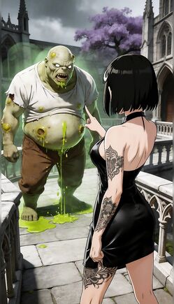 Gothic Brunette Teased by Massive Drooling Ogre in Cathedral