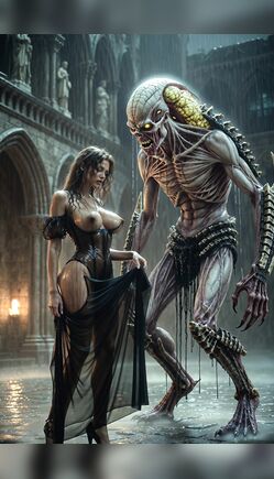 Skeletal Alien Monster Dominates Busty Brunette in Gothic Cathedral