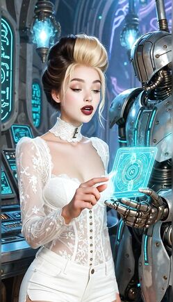 Futuristic Woman and Robot Using Holographic Digital Interface