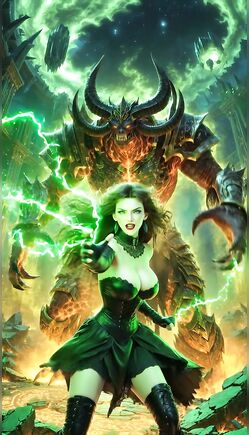 Dark Sorceress Battling Demonic Monster With Green Magic