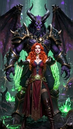 Powerful Sorceress Summoning Green Magic With Dark Demon