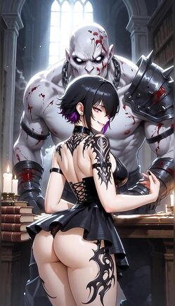 Dark Fantasy Woman Confronted by Giant Brutal Monster