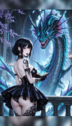 Gothic Anime Girl in Black Dress with Dragon Fantasy