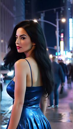 Stunning Latina struts in sparkling blue dress on neon-lit streets at night
