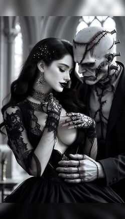 Gothic Bride Embraced by Frankenstein Monster Sensually