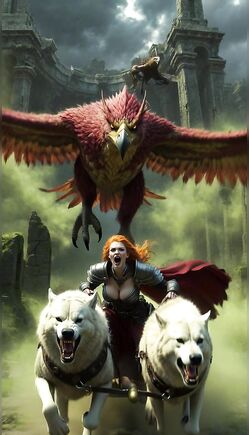 Epic Fantasy Huntress Riding Wolves Under Giant Eagle