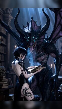 Dark-Haired Sorceress Reads Spellbook with Dragon Demon