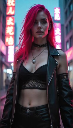 Red-Haired Punk in Leather Jacket Poses in Neon City