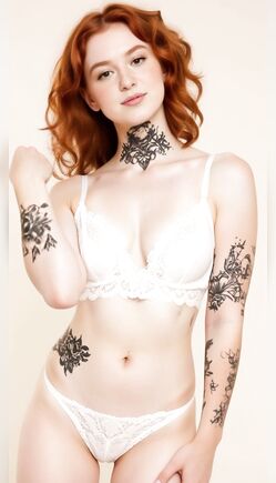 Tattooed Redhead Beauty Posing In White Lace Lingerie