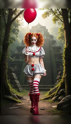 Creepy Clown Girl Walking With Red Balloon