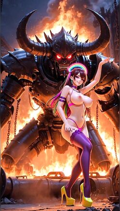 Anime Bunny Girl Dancing Before Giant Demon Monster