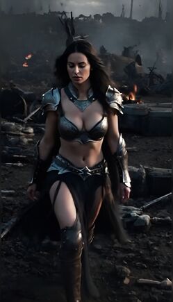 Warrior Queen Stride: Metallic Armor Seduction in Battle Ruins
