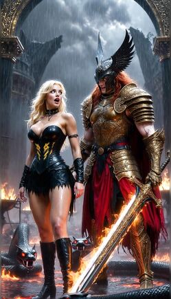 Epic Fantasy Warriors: Blonde & Viking Flame Sword Battle Pose