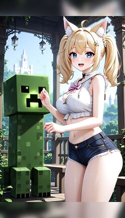 Sexy Blonde Catgirl Teasing Giant Creeper in Minecraft Fantasy Garden