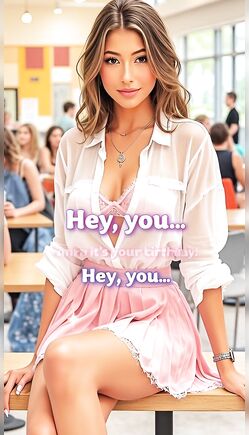 Flirty Brunette in Sheer Blouse Wishing Happy Birthday at School