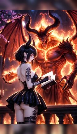 Petite Goth Girl Offering Forbidden Book to Massive Demon Lord