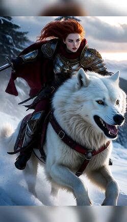 Fierce Redhead Warrior Riding Majestic White Wolf in Snowy Battle