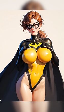 Stylized Superheroine in Yellow Suit Posing Confidently Indoors