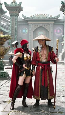 Fantasy Warriors Standing in Temple Courtyard in Cinematic Scene