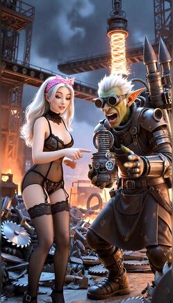 Steampunk Couple Creating Fire Device in Industrial Setting