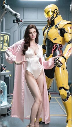 Brunette Beauty Teases in Sheer Robe with Giant Yellow Robots