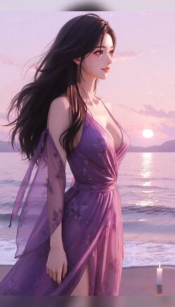 Elegant Anime Beauty Walking Along Sunset Beach Shore
