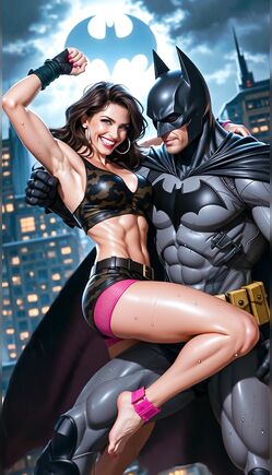 Superhero Couple Teasing and Fighting on City Rooftop