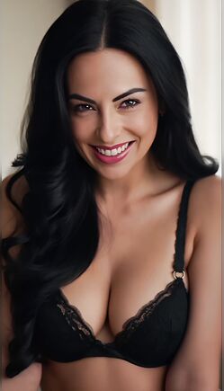 Smiling Brunette Teasing in Black Lingerie Close-Up Scene