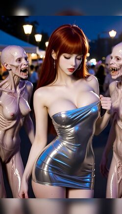Surreal Night Encounter of Redhead Beauty and Pale Monsters