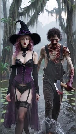 Seductive Gothic Witch Wandering Through Creepy Foggy Swamp Marsh