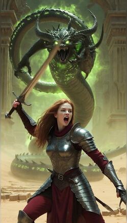 Epic Warrior Battles Giant Serpent Monster in Ancient Ruins