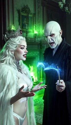 Dark Sorcerer Confronts Enchanted Ice Queen in Gothic Hall