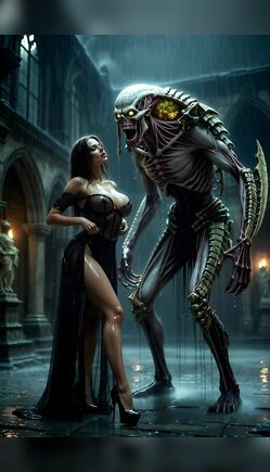 Brunette Beauty Embraced by Terrifying Xenomorph in Gothic Hall