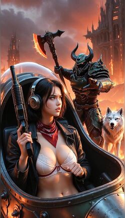 Fiery Cyberpunk Girl with Gun Faces Massive Green Orc in Apocalypse