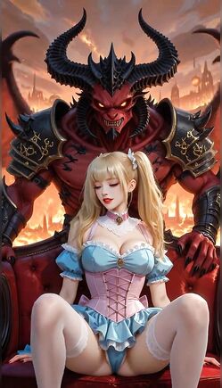 Majestic Demon Lord Embraces Seductive Blonde Succubus on Throne
