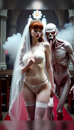 Seductive Redhead Bride with Skeletal Zombie in Church
