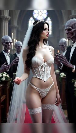 Gothic Bride in Lingerie Surrounded by Alien Groomsmen