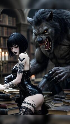 Gothic Girl in Latex Teases Ferocious Werewolf in Dark Library