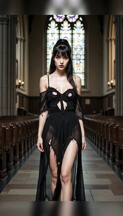 Seductive Brunette in Revealing Black Lace Dress in Church