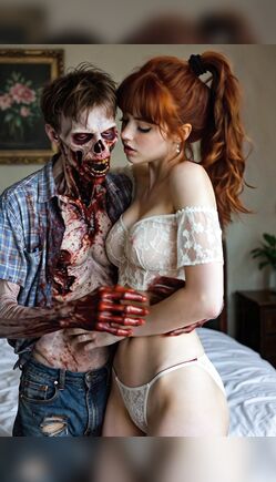 Sexy Redhead in Lingerie with Zombie in Bedroom