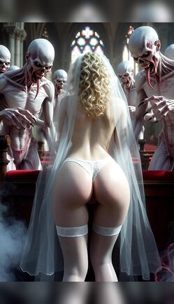 Blonde Bride in Wedding Lingerie Teased by Zombies at Church Altar