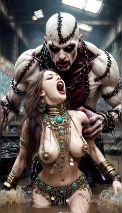 Terrifying Zombie Monster Attacks Seductive Woman in Dungeon