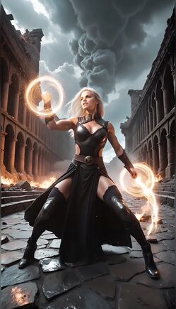 Epic Blonde Warrior Wields Fiery Magic in Ruins
