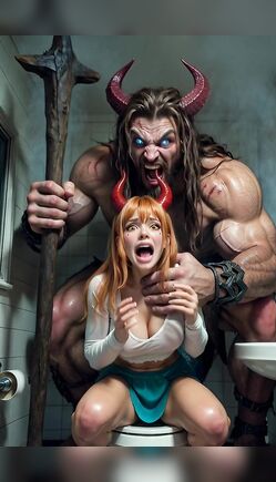 Massive Demon Towers Over Shocked Redhead Girl on Toilet